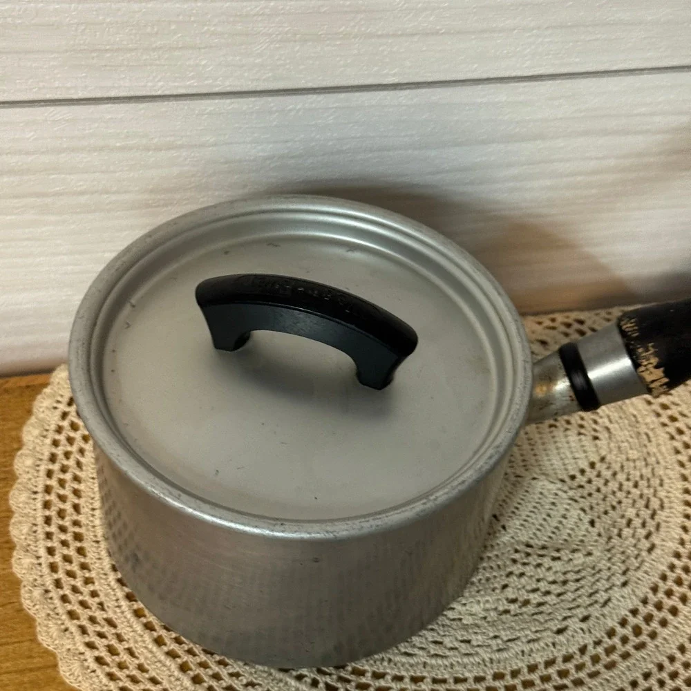 Vintage Wear-Ever No 701 Aluminum Saucepan with Lid Wood Handle Made in USA MCM